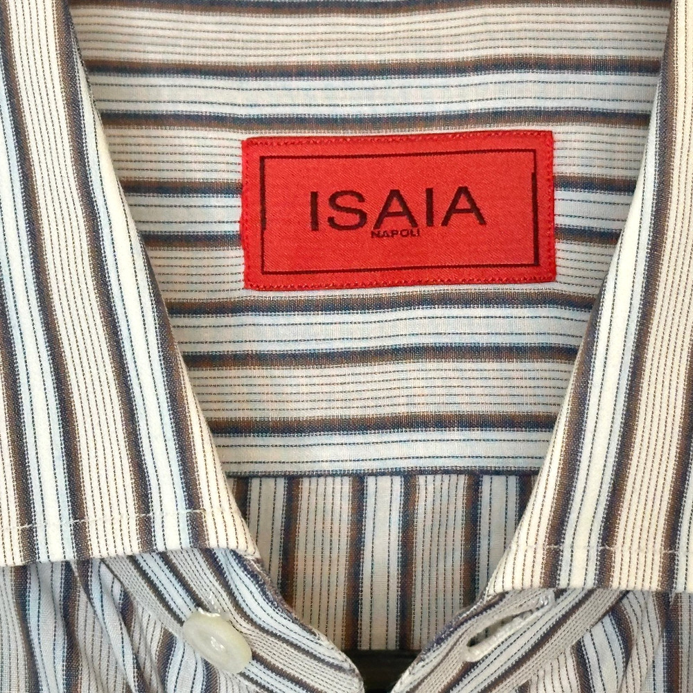 Isaia Napoli Long Sleeve Dress Shirt Mens 17 / 43 Striped Cotton Button Front